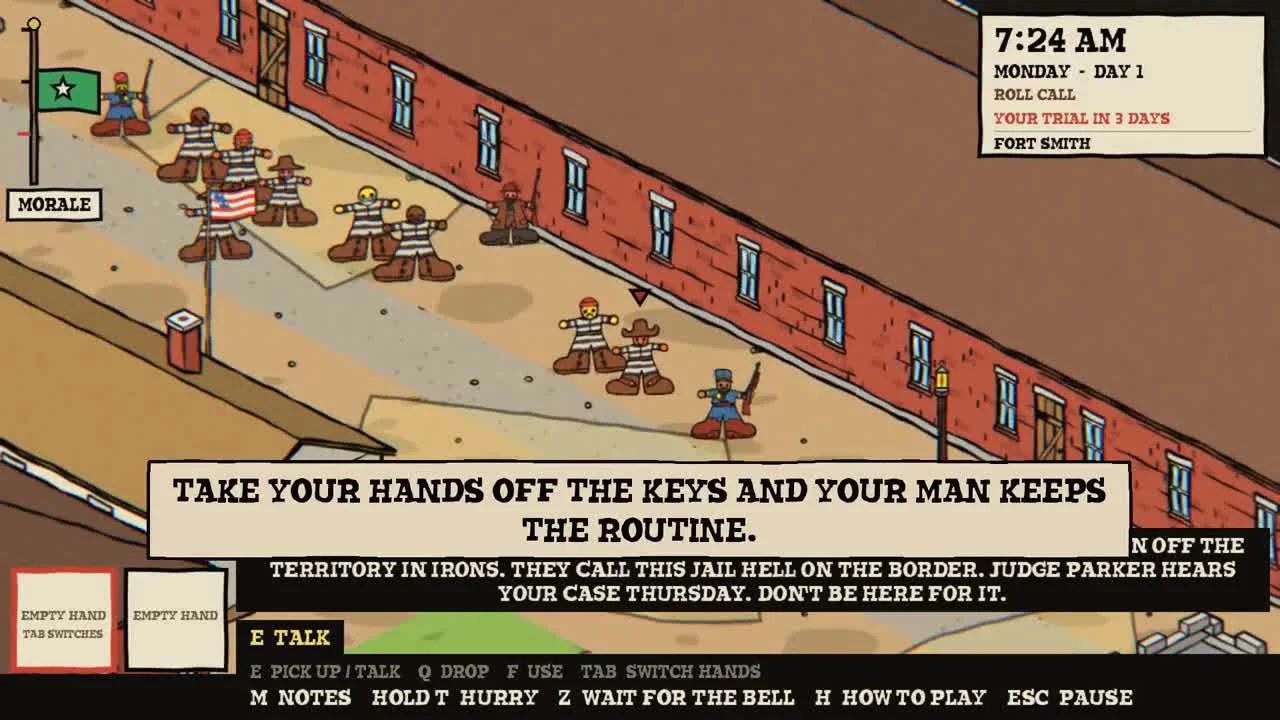 Prisoners gathered beside a long red building in the isometric Fort Smith yard.